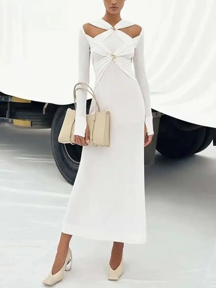 

2025 Elegant Dress Knitted Long Sleeve Hollow Out Slim Cross Knot Zip Elastic Solid Color Women Dresses Summer 2025 New