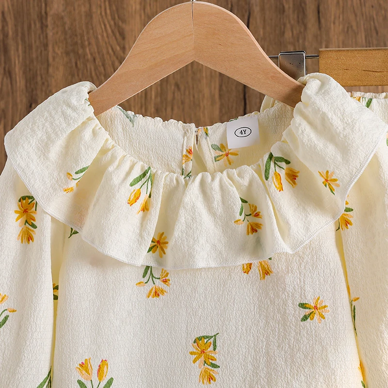 2025 جديد الخريف 2 قطعة بدلة الاطفال بلون الأصفر طباعة دمية طوق كم طويل بلوزات وسراويل للفتيات 4-7 سنوات نمط الحلو #3