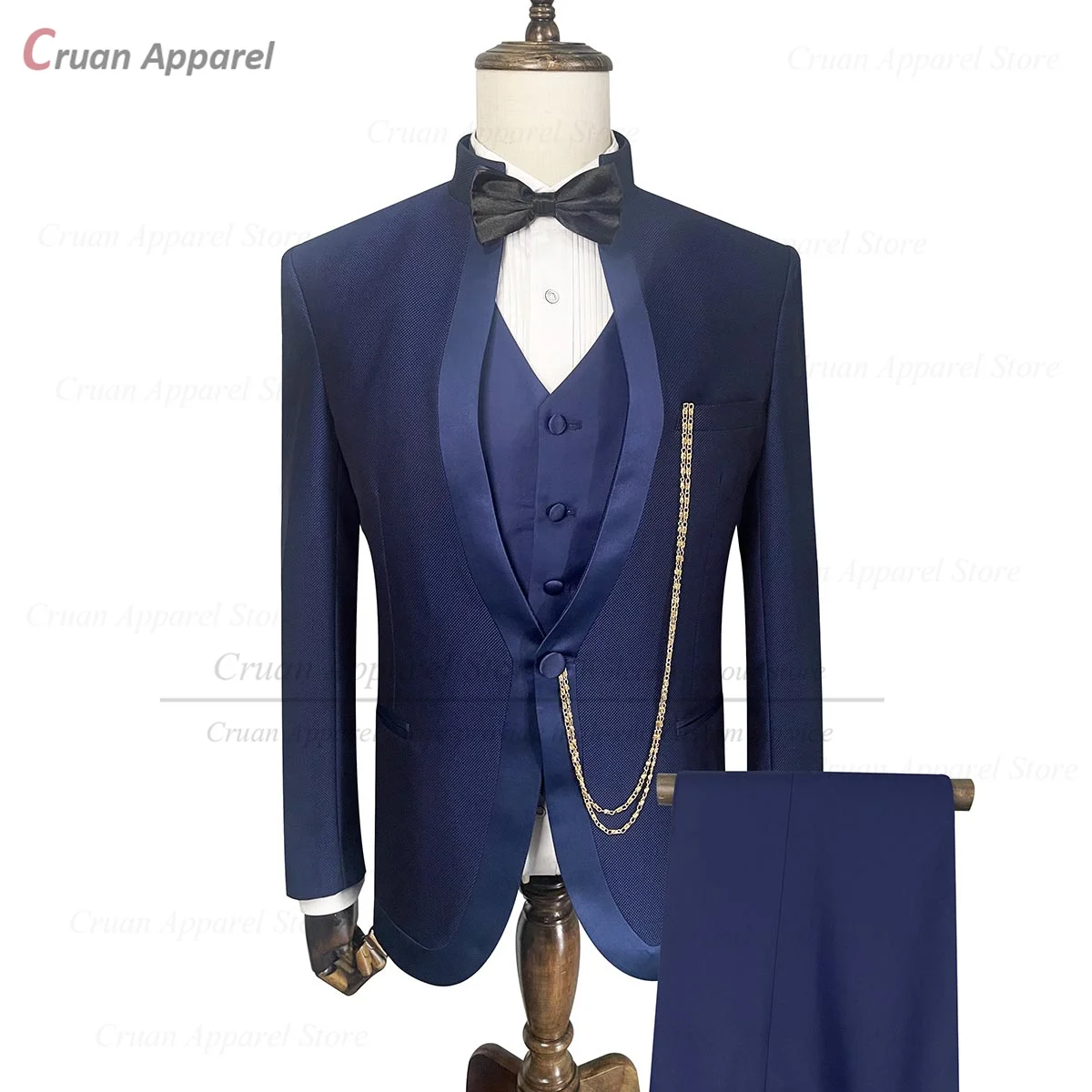 

Navy Blue Suit Men 3 Pieces Slim Fit Plaid Blazer Vest Pants Set Tailor-made Fashion Luxury Business Wedding Stand-collar Tuxedo