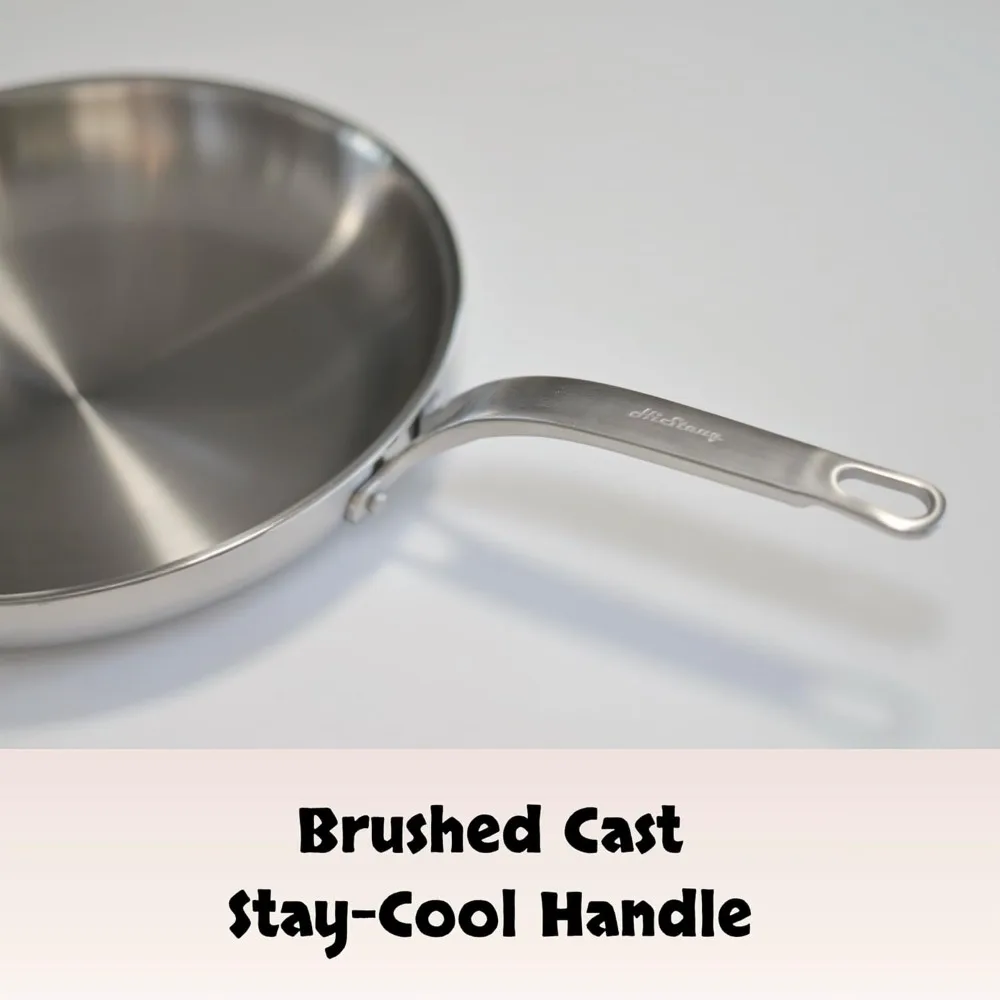 Stainless Steel 12-Inch Chef Skillet - 5-Ply Construction, Induction Compatible, Cool Handle Frying Pan for Cooking