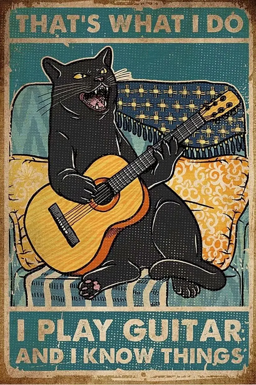 Retro Aluminium Metal Sign Cat Guitar Rock I Play and Know Things Tin Art Poster Gift Home Cafe Bar Wall Decor