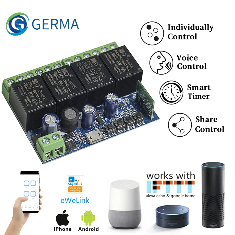 Wejście GERMA USB 5V DC 5 12 24 36 48V eWeLink inteligentny włącznik Wifi bezprzewodowy moduł przekaźnik odbiorczy 4CH pilot do Google Home