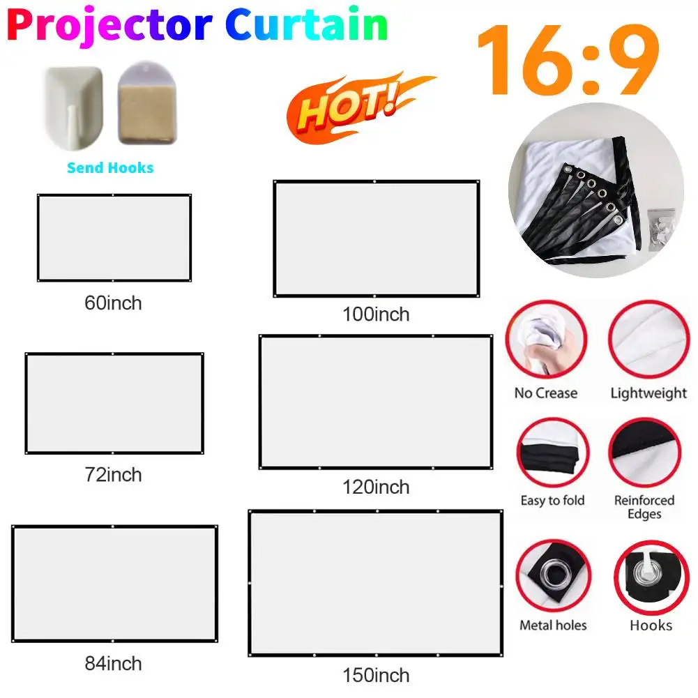 16:9 Projector Screen 4K HD Display Projector Fabric Towel Hight-density Canvas for Projector 60 72 84 100 120 150 Inch for Home