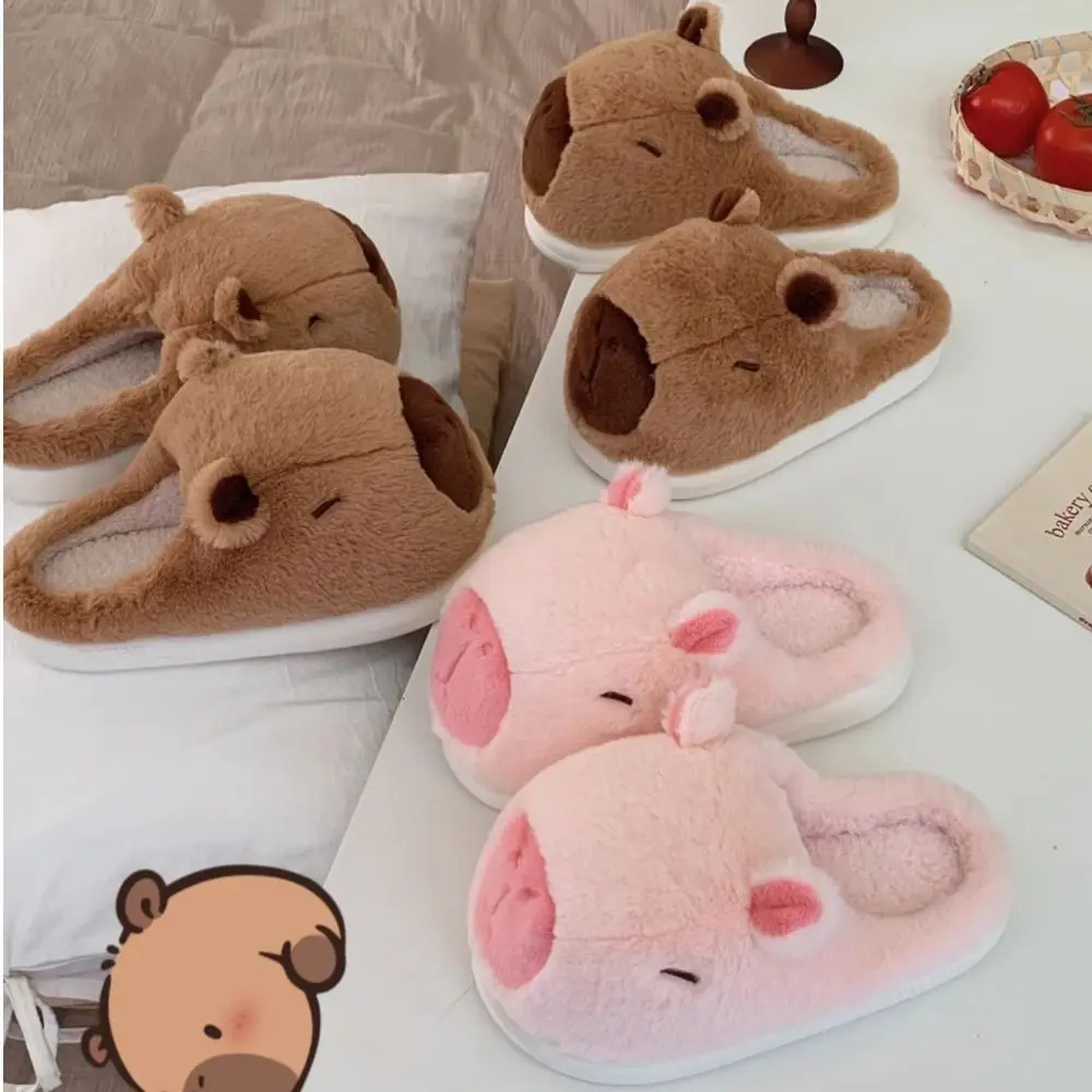 Cozy Soft Warm Capybara Slippers Non-Slip Silent Fur Capibara Slippers Lovely Cute Winter Fluffy Kapibara Slides Indoor