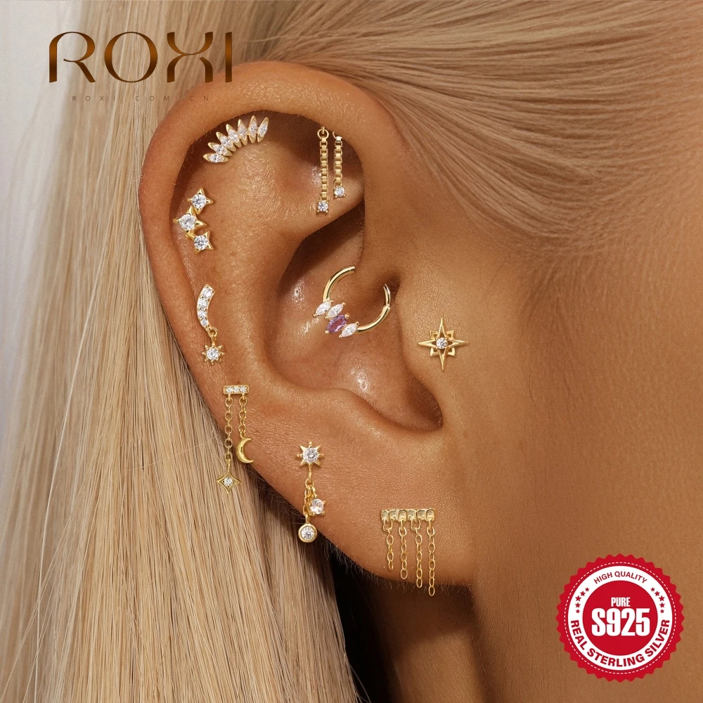 

ROXI 1Piece 925 Sterling Silver Star Geometric Pendant Chain Tassel Piercing Stud Earrings for Woman INS Dainty Jewelry Gift