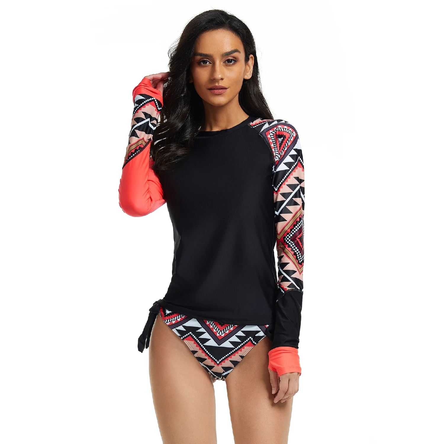 Women 2 Piece Rash Guard Long Sleeve Bathing Suit Shirt + Briefs Built in Bra Swimsuit Sun UV Protection Sun Suit Tops Bottoms