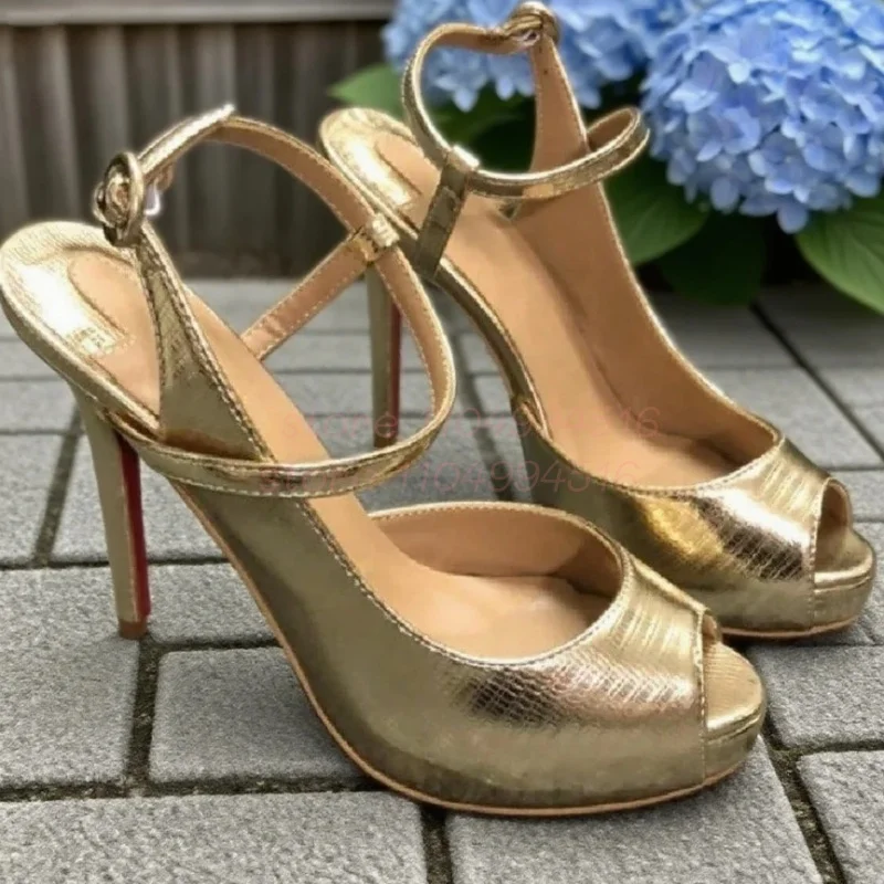 

Gold Peep Toe Platform Thin Heels Women Patent Leather Back Strap Slingback Sandals Lady Sexy Fashion Party Prom Shoes Bag Set