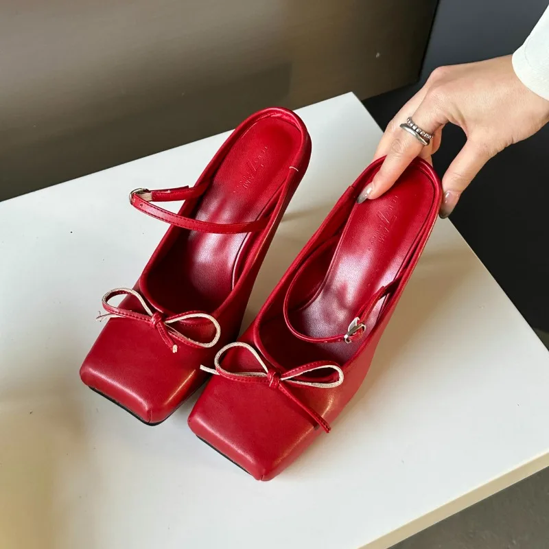 

Bow High Heels Slippers Women Sandals Shoes Square Toe Mary Jane Shoes Mules Designer 2025 Trend Dress Party Pumps New Stilettos