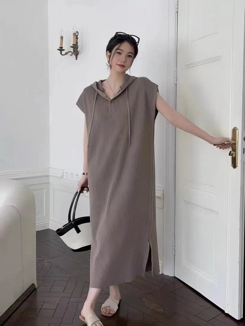 New Korean Fashion Casual Loose Dress Women Summer Knitted Ice Silk Hooded Long Dresses Split Pullvoer Vestidos Robe Oversized