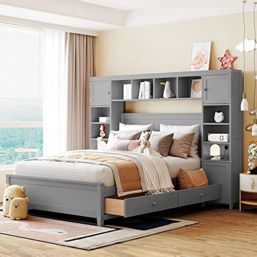 

4 Storage Drawers, Solid Wood Full Bed Frame with Cabinet and Shelf, bed