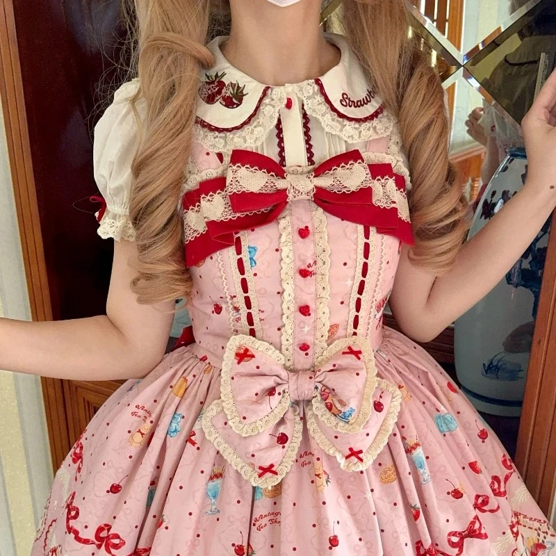 Japanese Kawaii Lolita Shirt Women Sweet Bow Strawberry Embroidery Lace Peter Pan Collar Princess Blouses Female Y2k Tops Blusas