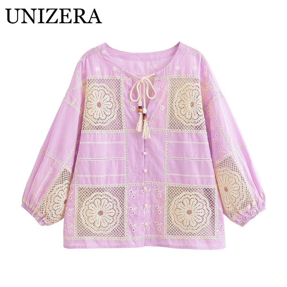 

European and American style autumn new women's clothing design sense crochet stitch V-neck short sleeved shirt