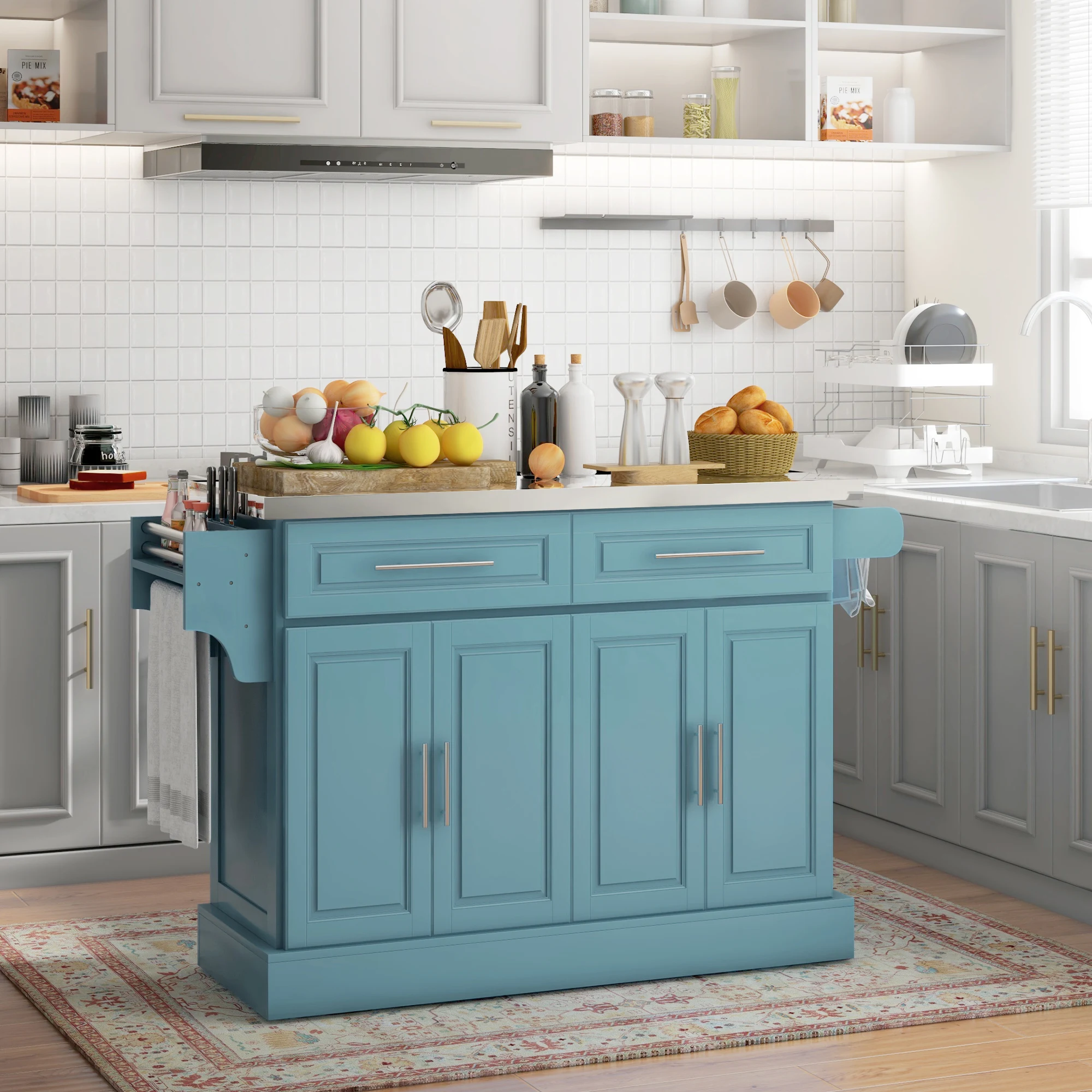 Rolling Kitchen Island with Cabinets and Drawers, Teal Blue