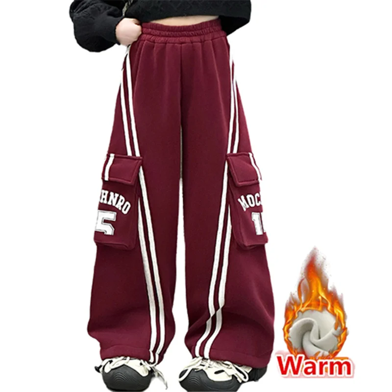 

Teens Girl Winter Hip Hop Cargo Pants For Child y2k Design Warm Insulated Trousers With Stripes American Kids High Street Pants