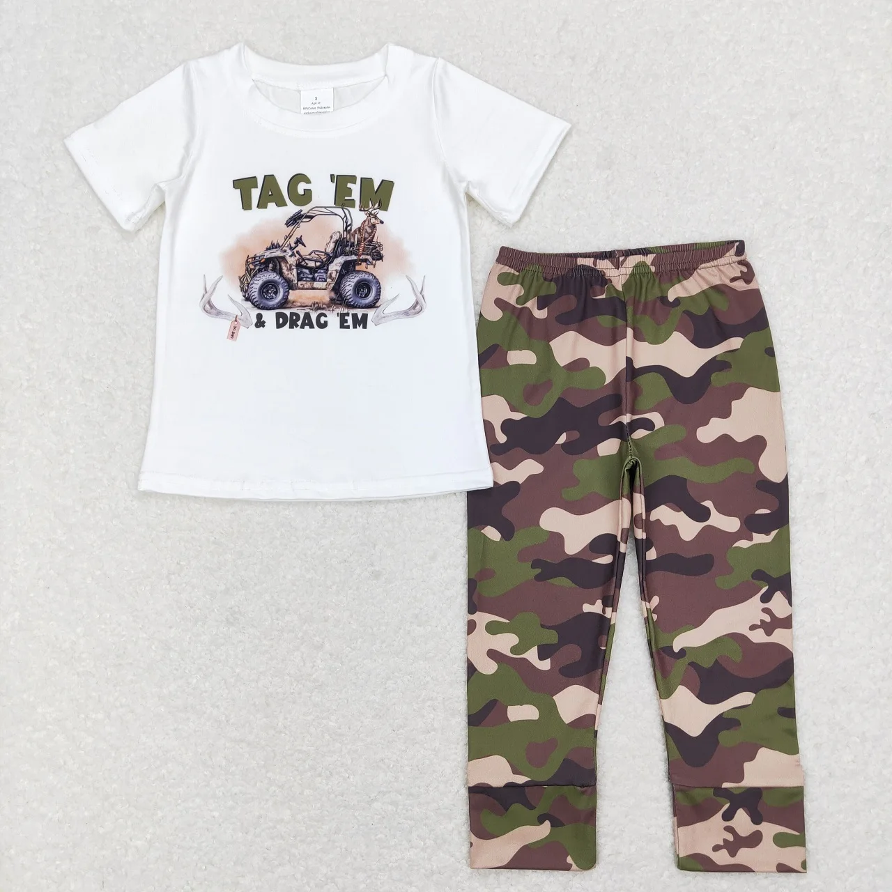 

Wholesale Toddler Boutique Set Infant Children Short Sleeves Truck Deer T-Shirt Kids Camo Pants Trousers Baby Boy Outfit