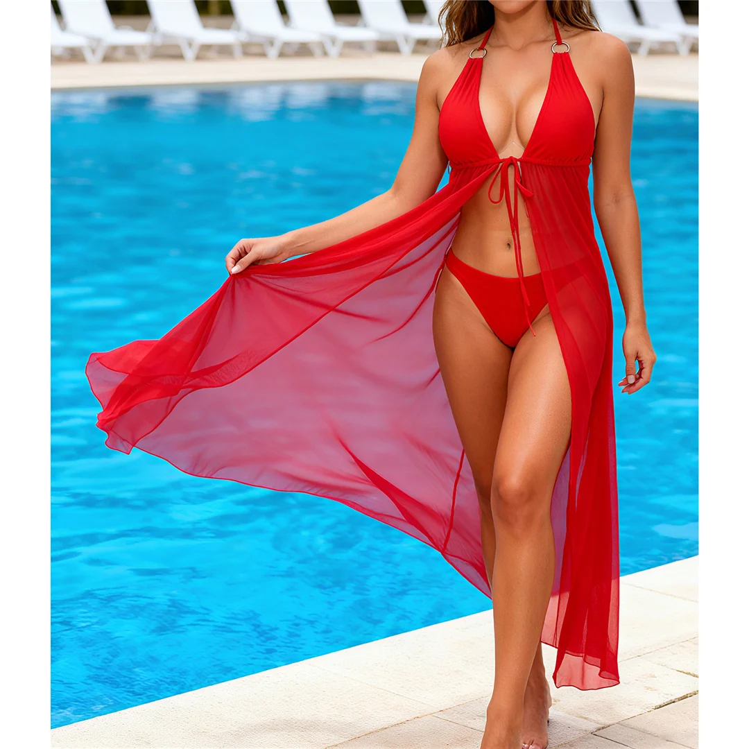 S - XXL, mit Kleid, Neckholder-Bikini, Damen-Badebekleidung, zweiteiliges Bikini-Set, Damen-Badeanzug, brasilianischer Badeanzug, Badebekleidung, Schwimmbekleidung V7463 – Detail 8