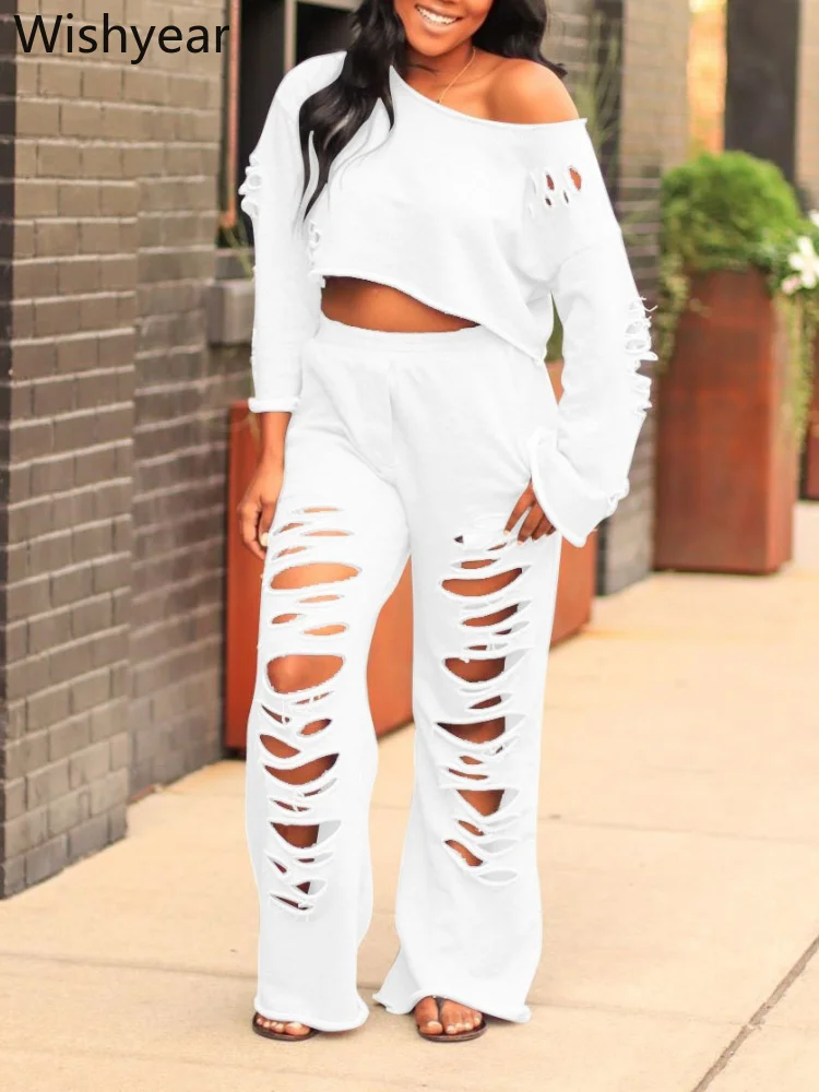 Women’s Soft Ripped Long Sleeve Crop Top and Wide Leg Pants 2 Piece Set Loose Casual Outfit for Home Holiday Streetwear Outfits