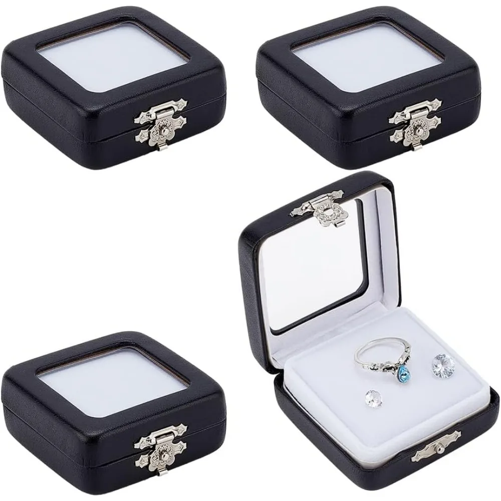 

4pcs PU Leather Gemstone Display Box Small Jewelry Containers Black Rectangle Storage Case Rock Collection Box with making kit
