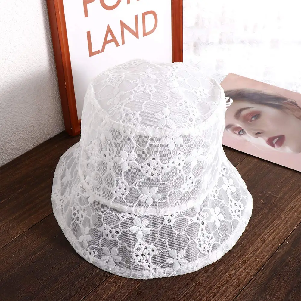 New Summer Lace Bucket Hats Female Vintage Mesh Thin Breathable Flower Hollow Sun Hat Sunscreen Sunshade Hat