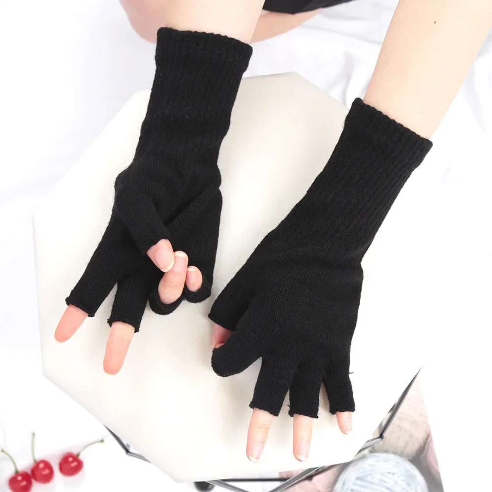 Unisex Knitted Half Finger Gloves Long Wrist Fingerless Gloves for Women Men Winter Black Warm  Workout Cycling Gloves