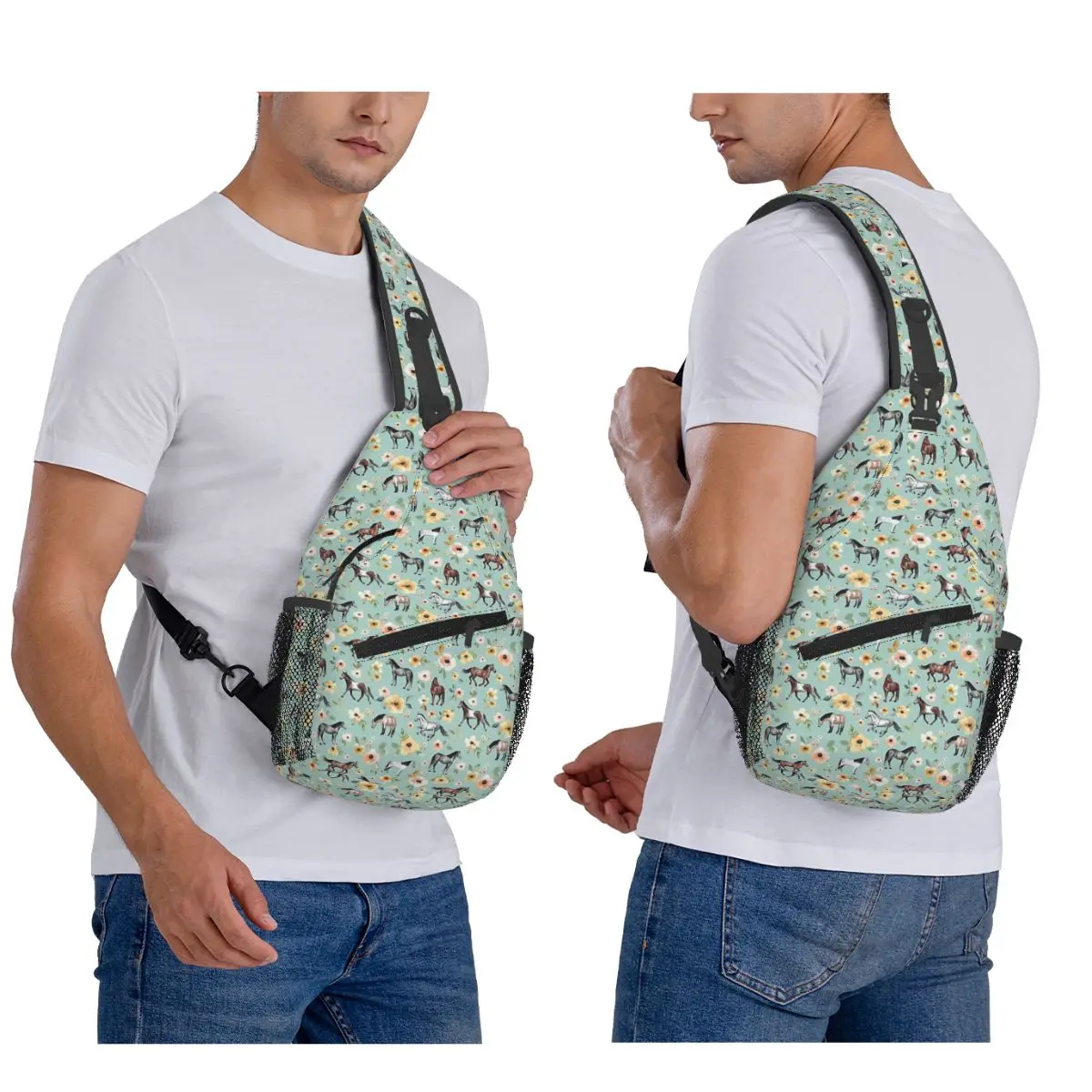 Horses With Flowers, Sunrise Floral, Blue, Horse Decor, Backpack Chest Bag Men Crossbody Backpack Chest Bag Daypack Shoulder Bag
