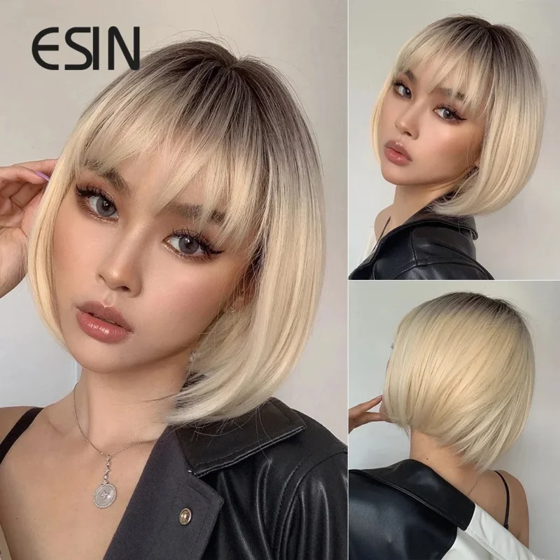 ESIN Synthetic Medium Long Straight Hair with The Top Black Ombre to White Blonde Bob Wigs for Women Heat Resistant  Natural