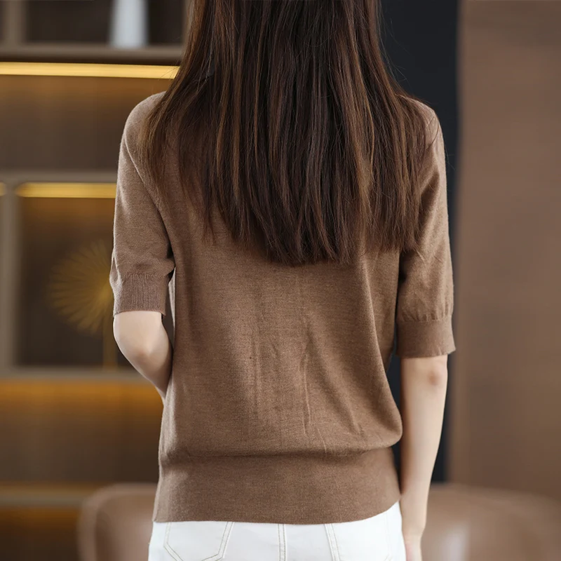 Women 100% Bamboo Fiber Knitted Cardigan 2024 New Short Sleeve Thin Shirt Summer V-Neck Basic For Female Soft Shirt Girl Clothes