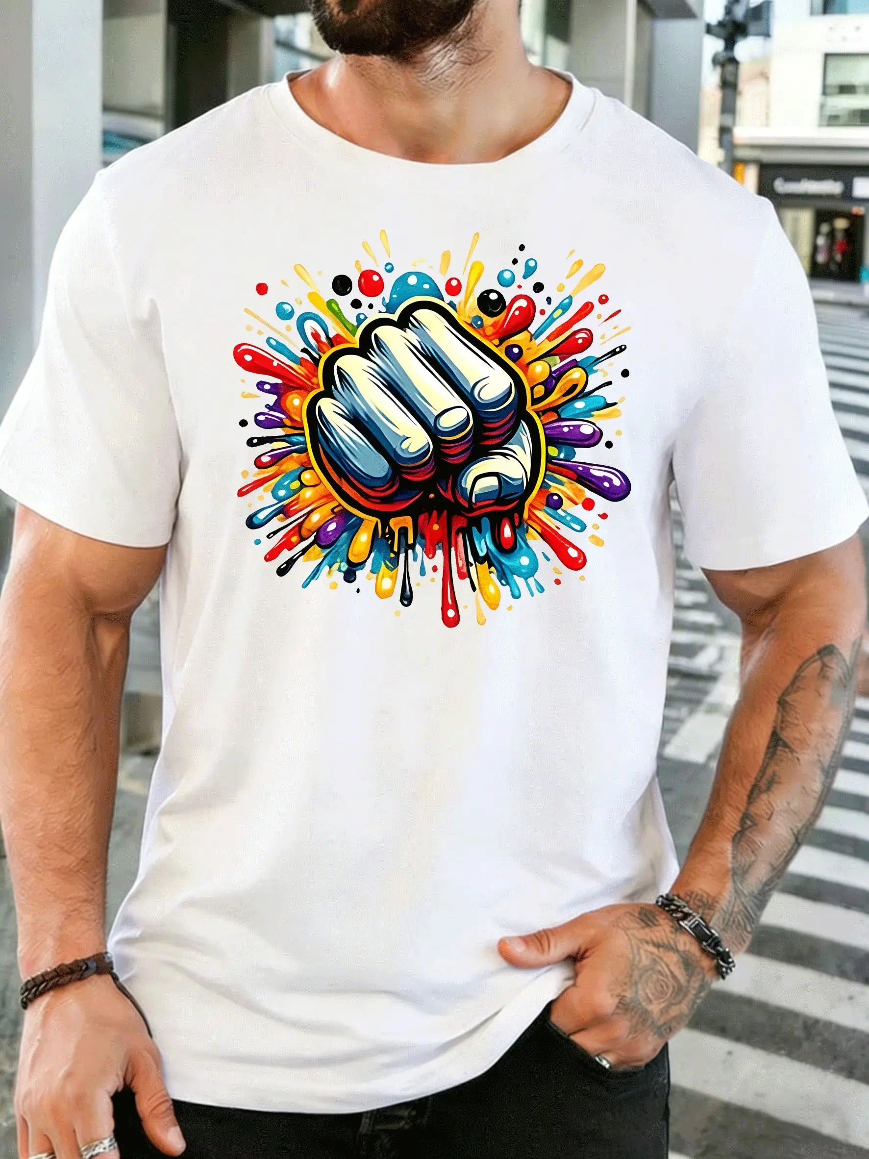 Men Short Sleeve T Shirt Graffiti Fist Graphic Tee Color Splash Print Tops Summer Soft Cotton Casual Street Wear For Adult Male