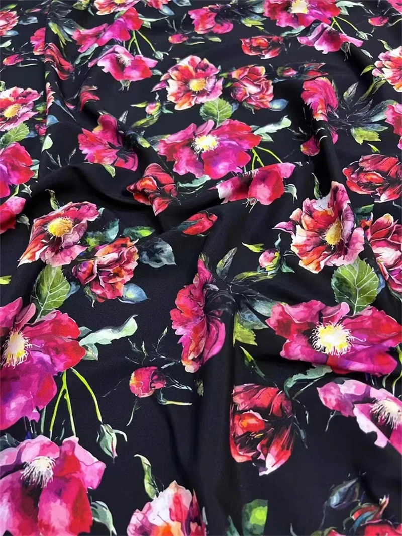 D Family's Summer Breathable Black Bottom Large Flower Printed Crepe De Chine Silk Fabric Temperament Skirt High-end Silk Fabric