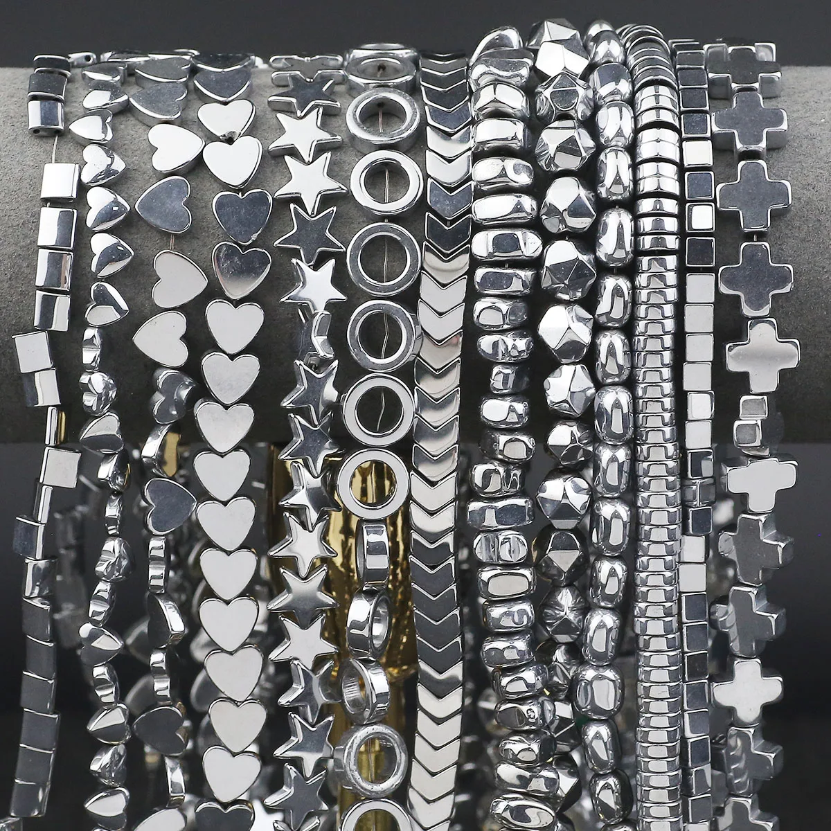 15‘’ Silver Plated Hematite Natural Stone Round Heart Star Arrow Square Loose Spacer Beads For Jewelry Making Bracelet Necklaces