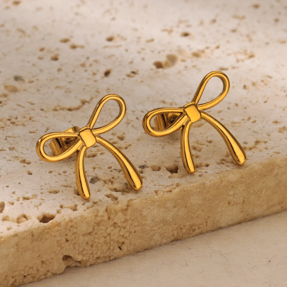 Bow Knot Earrings for Women Gold Color Stainless Steel Tie Stud Earrings 2025 Trend Femme Waterproof Party Jewelry Gifts aretes