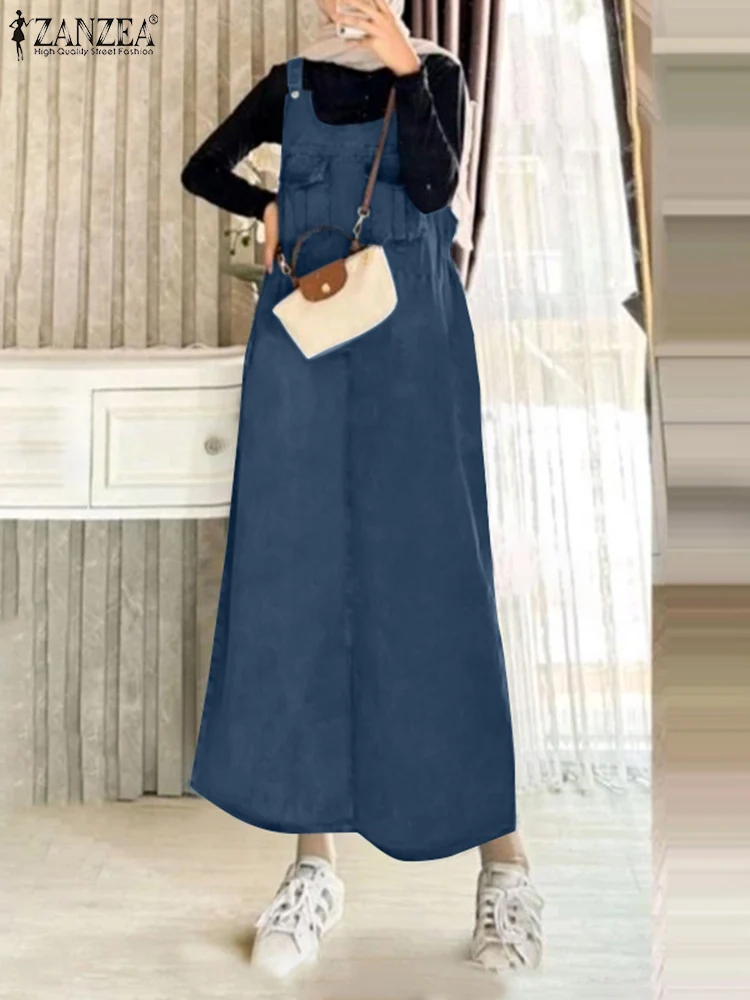 ZANZEA Workwear Suspender Overall Dress Causal Islamic Hijab Muslim Denim Blue Long Vestidos Women Elegant Sleeveless Robes