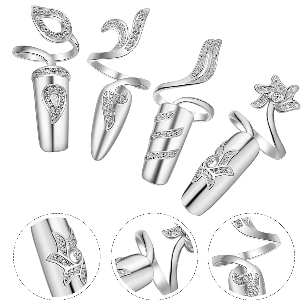 

4pcs Rhinestone Fingernail Rings Elegant Nail Jewelry Set for Wedding Dating Gifts Easy to Wear Healthy Manicure Solution Nail
