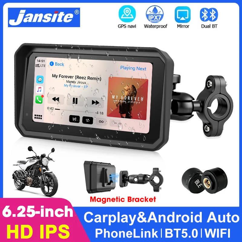 

6,25-дюймовый мультимедийный плеер для мотоцикла с CarPlay, Android Auto, GPS-навигацией, Bluetooth, монитором для шлема и магнитным креплением