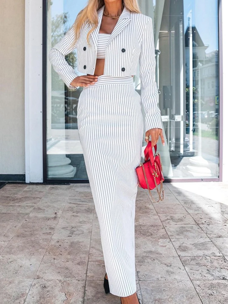 Mueyaruho 2023 Autumn Winter Women Office Lady Striped Maxi Skirt Set White Outfits Bodycon Slim 2 Two Piece Matching Suits Set