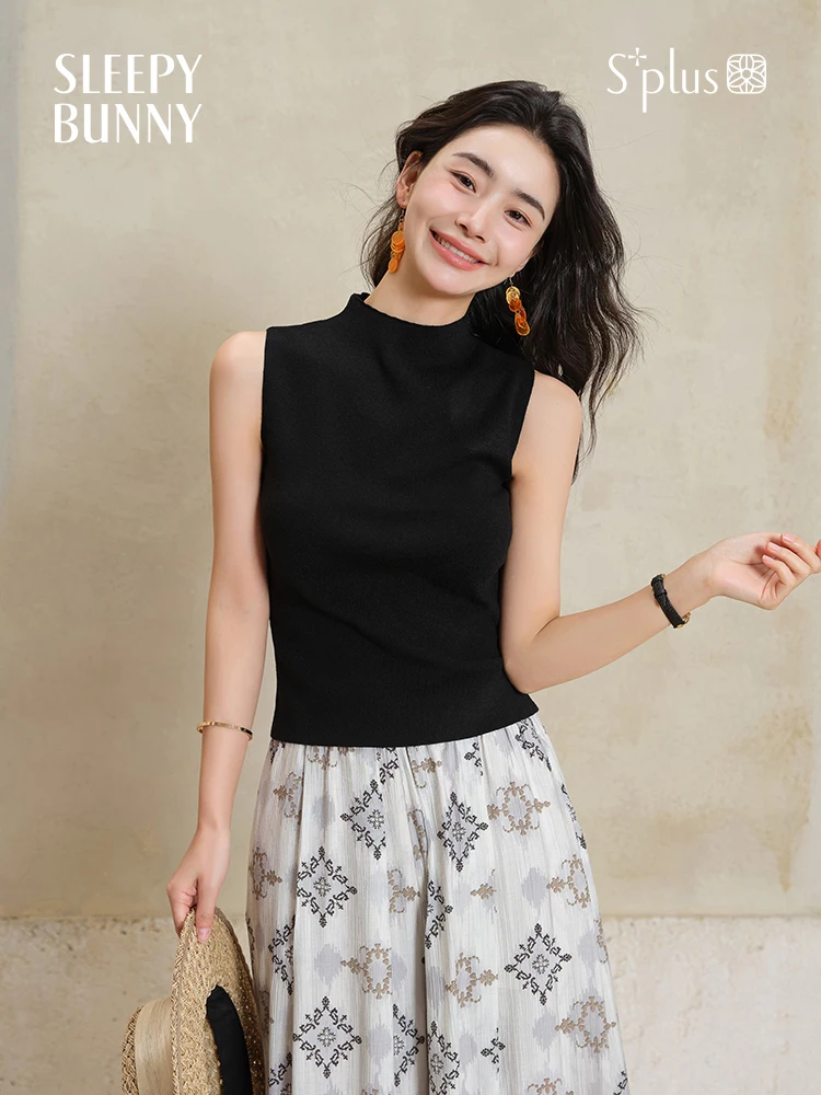 Womens Black Lyocell Knit Tank Top Summer Sleeveless Half Turtleneck Slim Fit Office Commuter Basic Ribbed Vest for Daily Wear