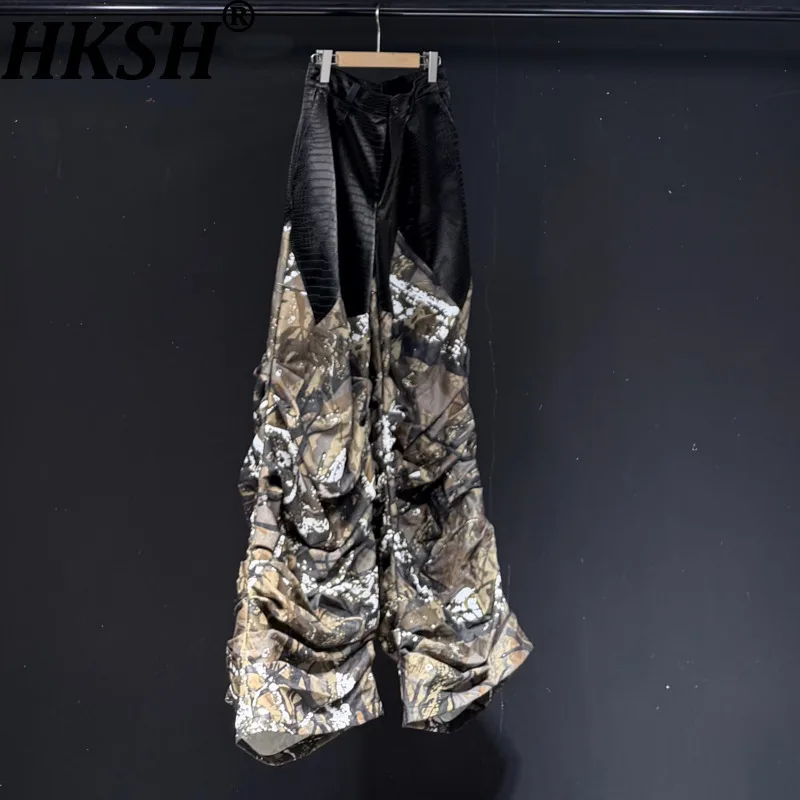 

HKSH нишевый дизайн 2025 весна осень новый мужской прилив панк лист камуфляжный принт свободные повседневные кожаные брюки женские лоскутные HK13188