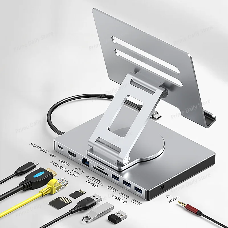 USB‑C Multiport Adapter with Rotatable Tablet Stand,4K HDMI,Gigabit LAN,PD Charging,USB3.0 & Audio Port