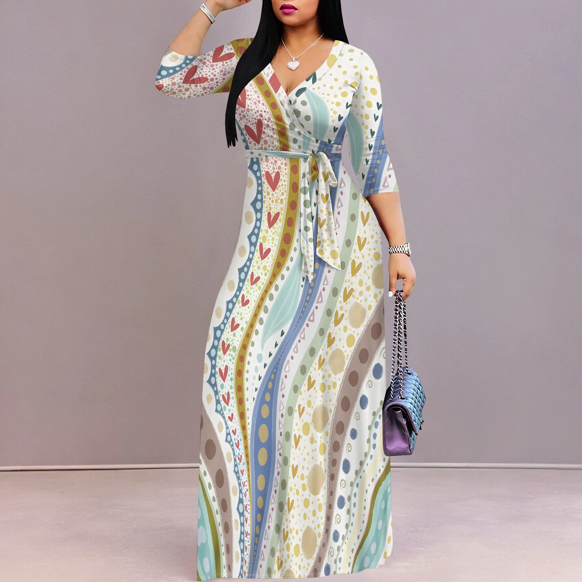 Nupusa Heart & Dot พิมพ์ชุดผู้หญิงขนาดมาตรฐานฤดูร้อนลําลอง V คอ 3/4 แขนเสื้อ Maxi ชุด