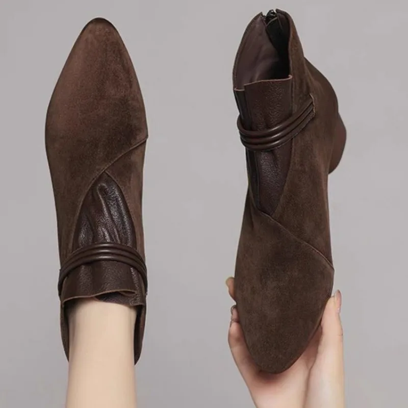 Fur Boots Winter New Suede Warm Outdoor Casual Low Heel Pointed Toe Shoes Rear Zipper Fashion Boots for Women Botas De Mujer