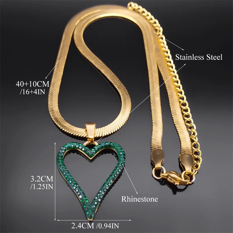Hollow Green Crystal Heart Pendant Necklaces for Women Girl Vintage Stainless Steel Gold Color Chain Necklaces Jewelry NZZZ28S04