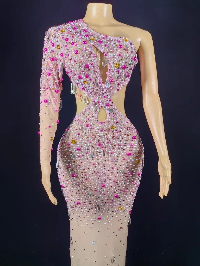 Trajes de palco de luxo feminino único manga longa cortar pérolas miçangas cravejado cristal spadex longo elástico vestidos de festa à noite