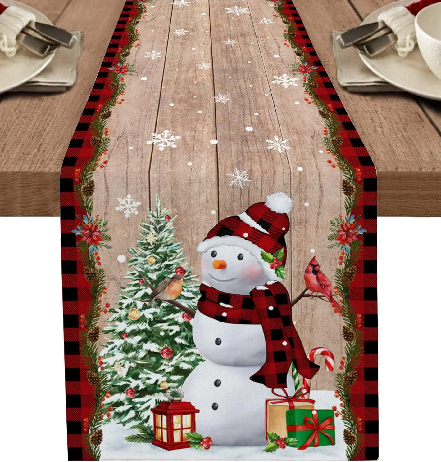 Christmas Snowman Xmas Tree Snowflake Wooden Plaid Linen Table Runners Room Decor Durable Table Runners Christmas Detoration