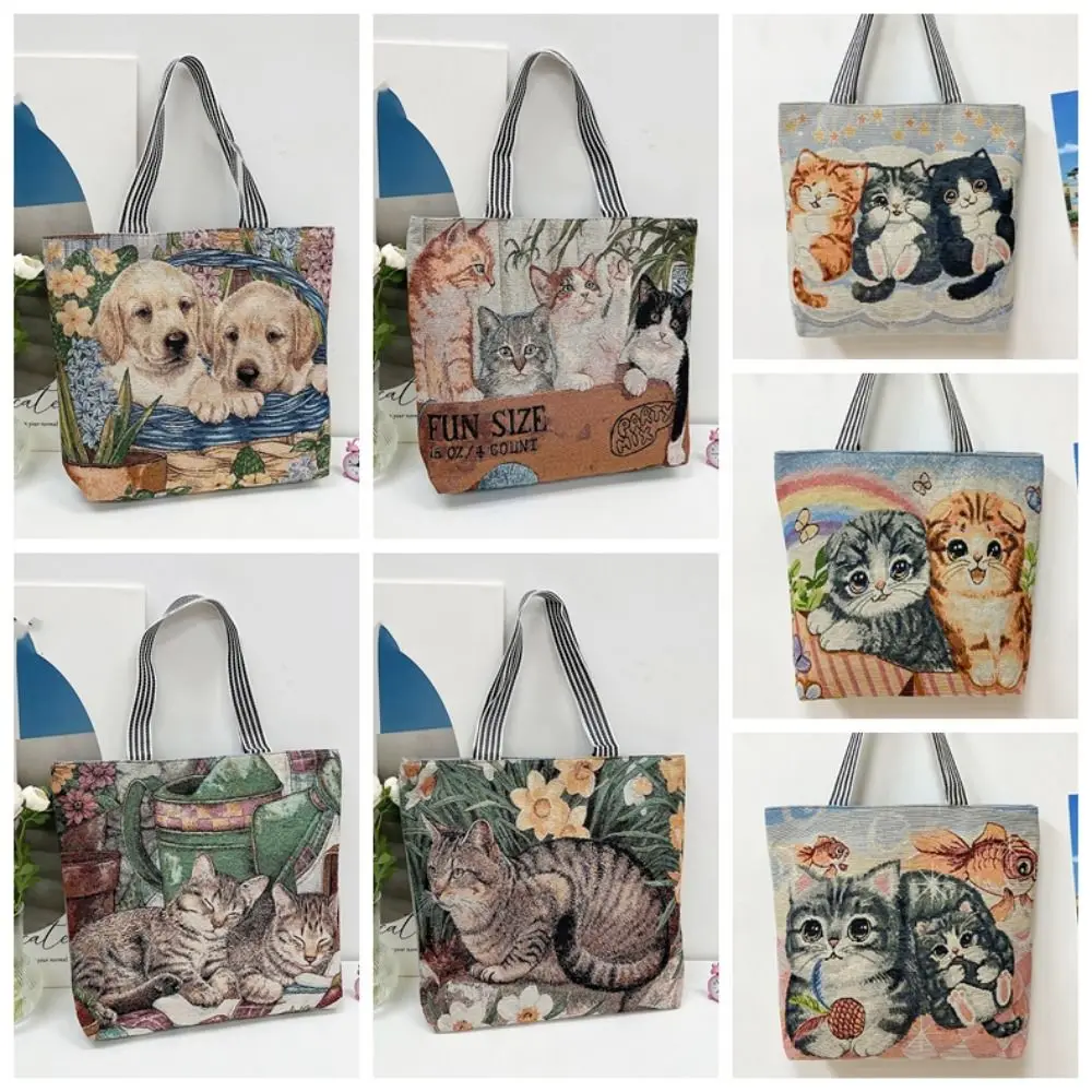 Dog Ethnic Style Handbag Trendy Large Capacity Embroidery Cute Cat Cloth Bag Canvas Storage Bag Animal Shoulder Bag Outdoor