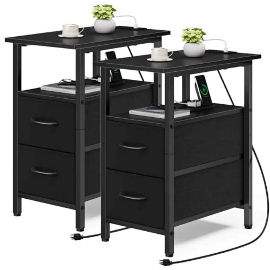 

End Table with Charging Station Set of 2 Narrow Side Table 23.8'' Tall Nightstand with 2 Drawers Small Sofa Side Table Narrow N