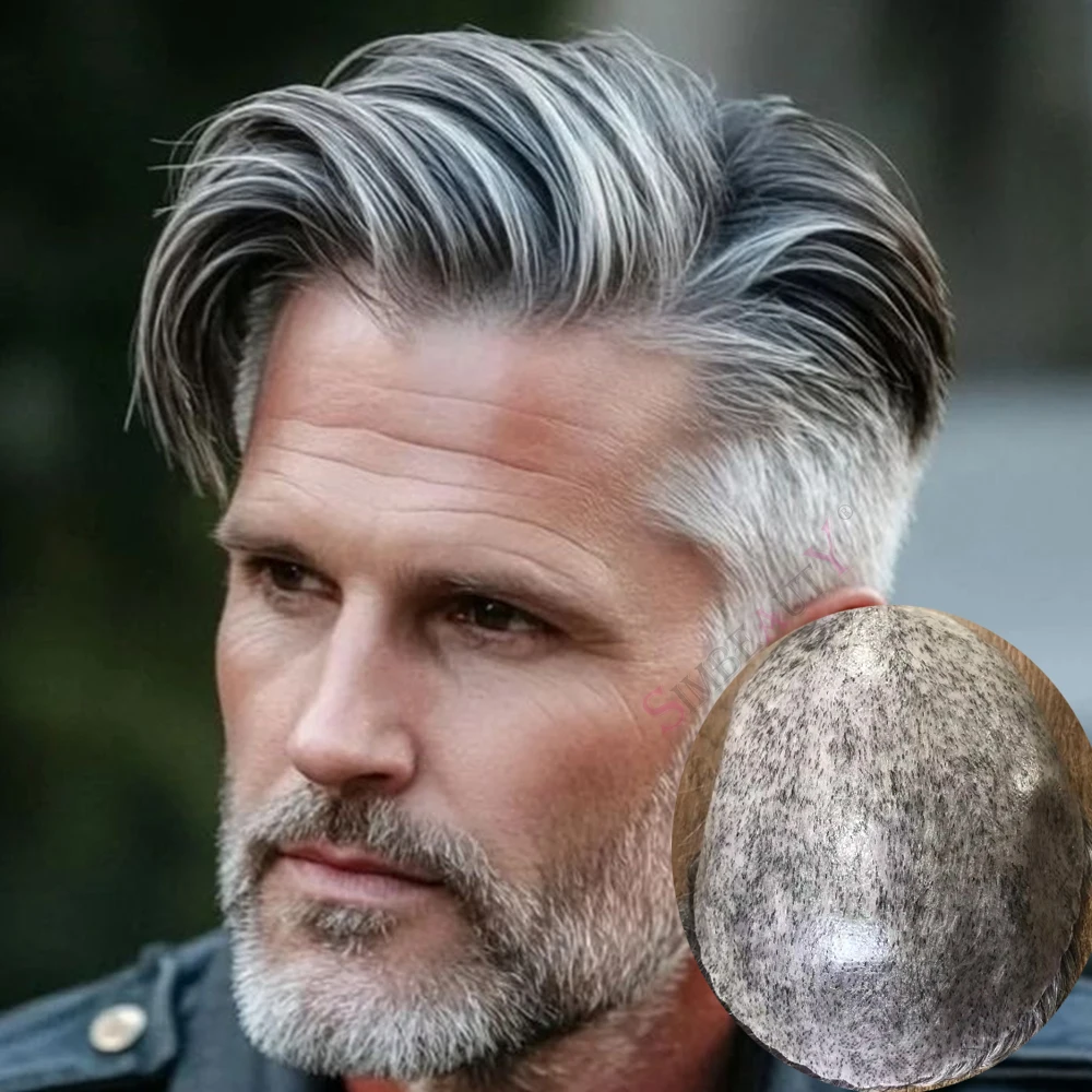 

Мужской силиконовый парик с натуральной линией роста волос, коричневые человеческие волосы, серый, черный 1B65, супер прочный, тонкий, капиллярный протез из микрокожи