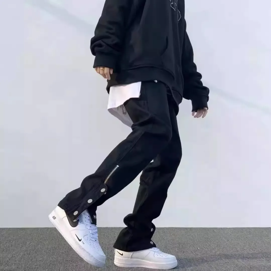 

High Street Men's Jeans Bla Workwear Function Button Design Unique Couple Trendy Brand Straight Leg mid Waist Denim Pants