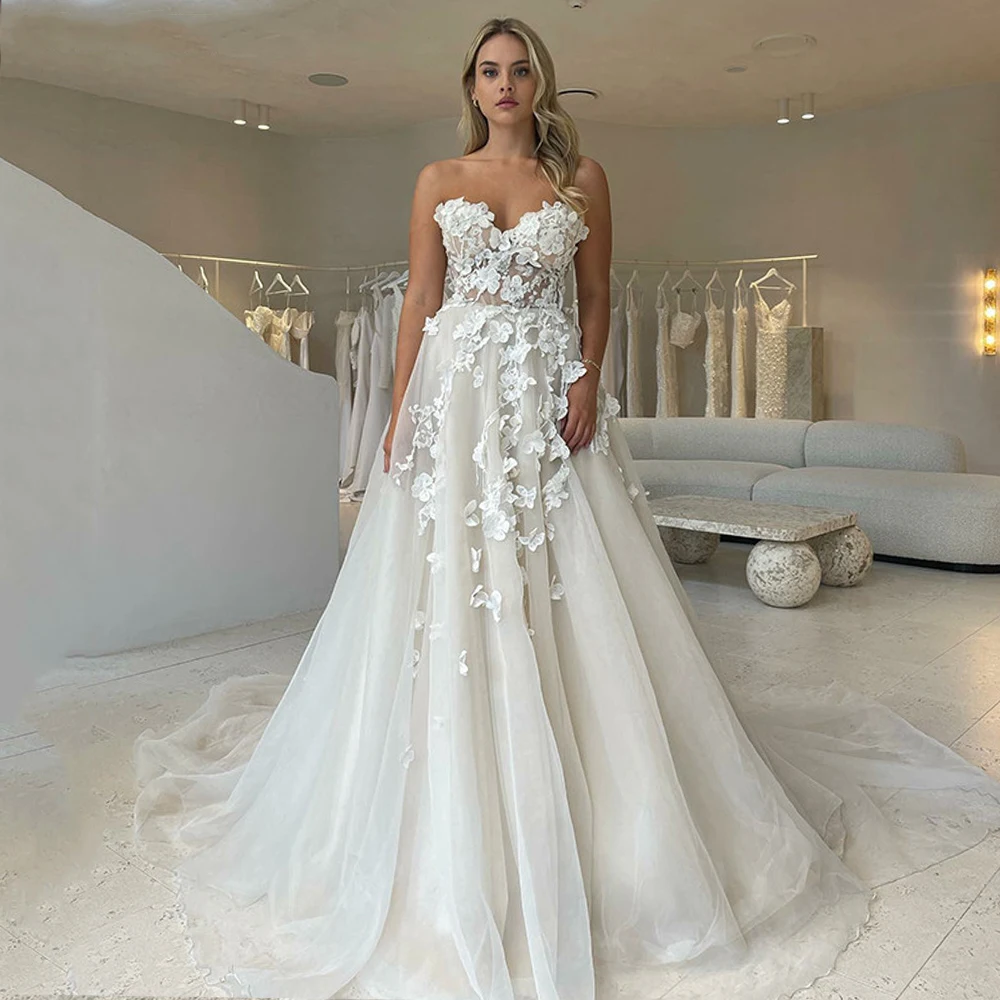 Vestido De novia con flores De encaje 3D, traje De novia De línea A, cuello De corazón, apliques personalizados para medir, impresionante