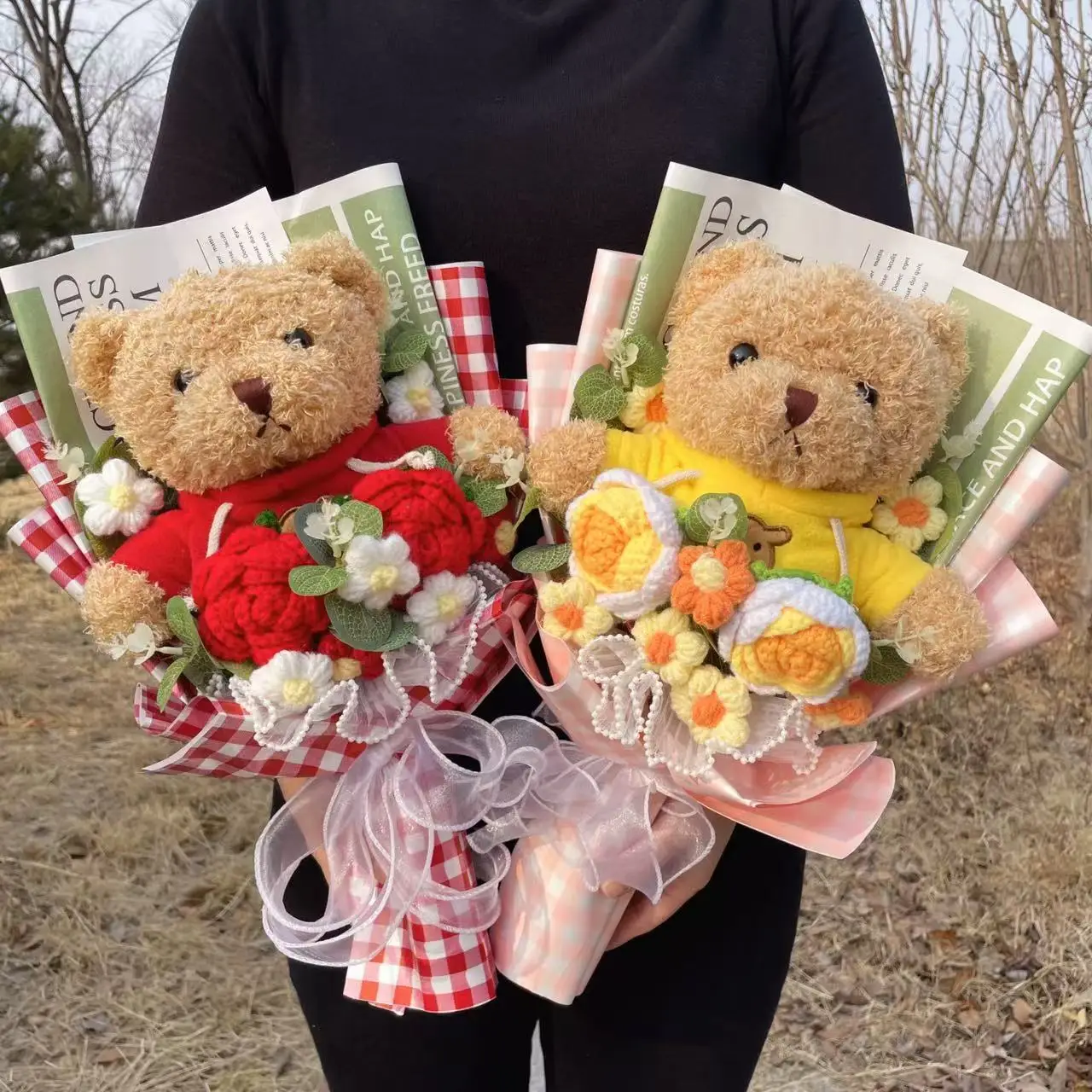 Lovely Teddy Bear Plush Dolls With Artificial Flowers Handmade Bouquet Valentine Mothers Birthday Graduation Gifts