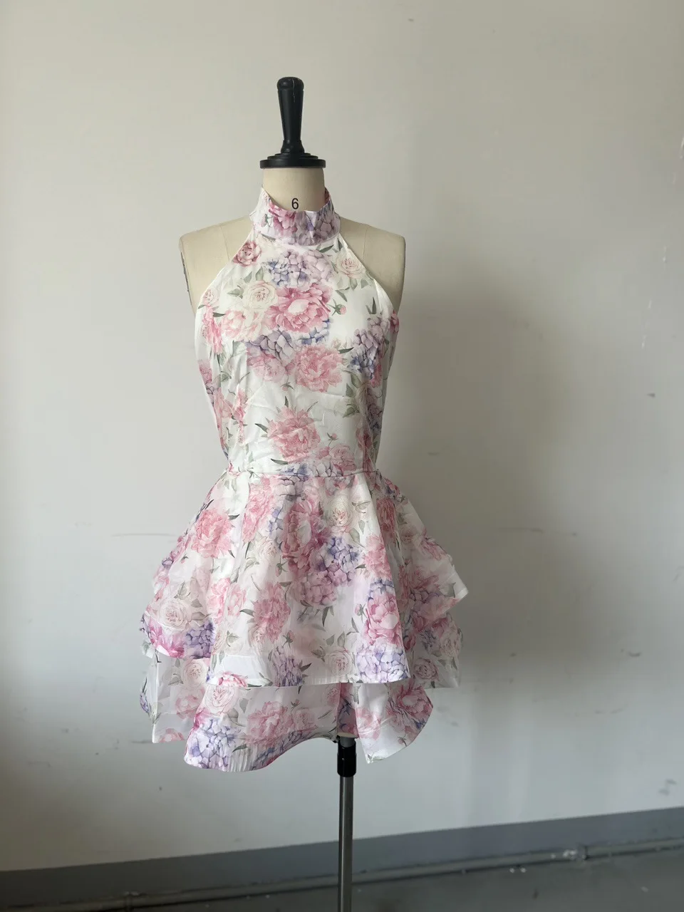 Summer new sweet print waist dress short skirt floral stand-up collar fashionable sexy printed chiffon tight silk princess dress